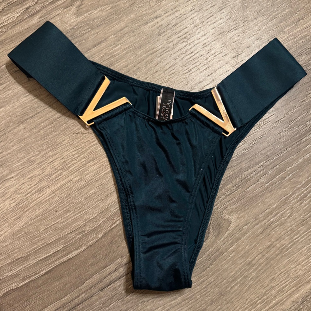 Victoria's Secret Dark Teal Bikini Bottom with Gold V Accents